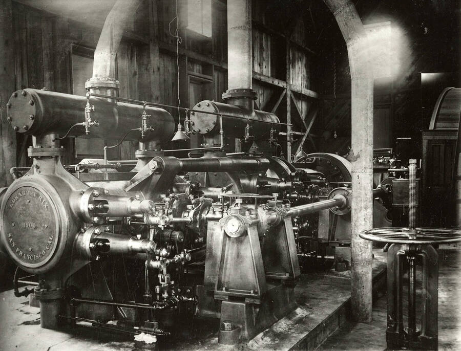 Interior view of the morning mine engine room showing the large machinery.