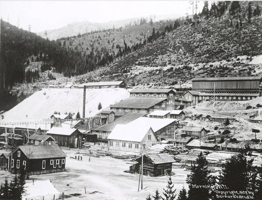 A distant view of Morning Mill in Mullan, Idaho, looking down the valley.