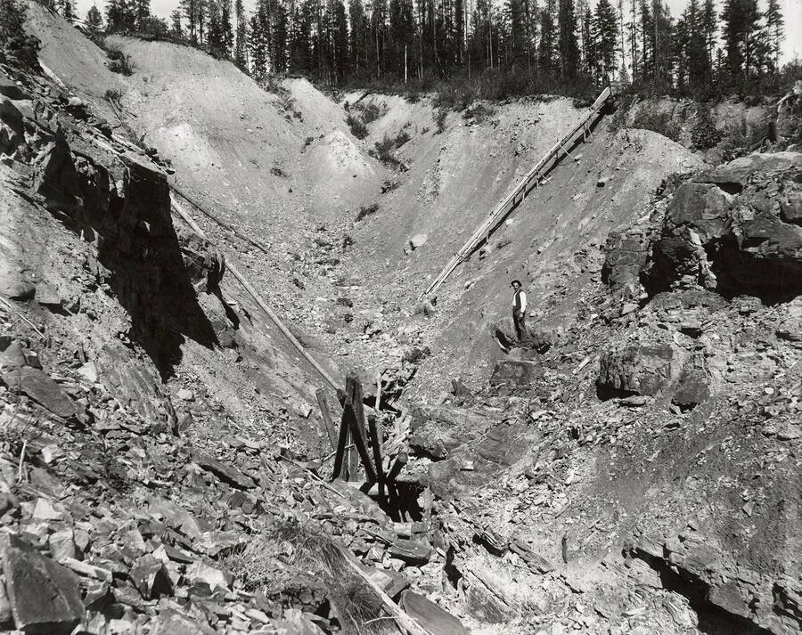 View of the Rice Hill placer at the Gold Run Gulch. This is located on the north side of the Coeur d'Alene Mining District, in the Murray area. A man can be seen standing in the gulch.