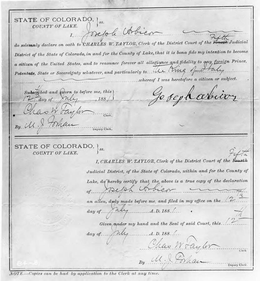 Image is a copy of the citizenship certificate for Joseph Arbicor.