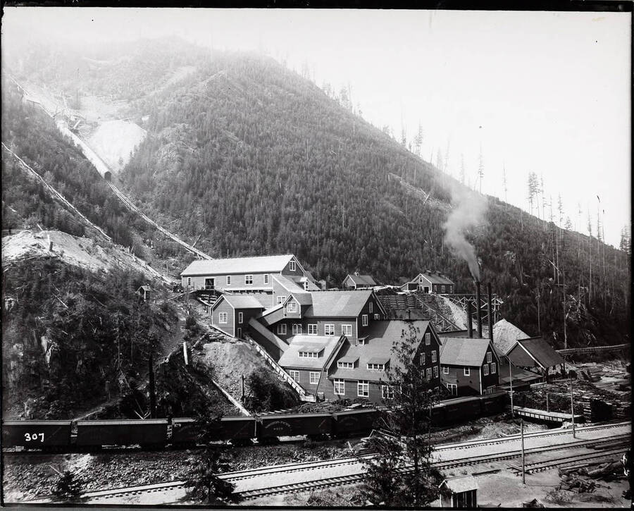 Picture of the Mill, with a train going by in the front