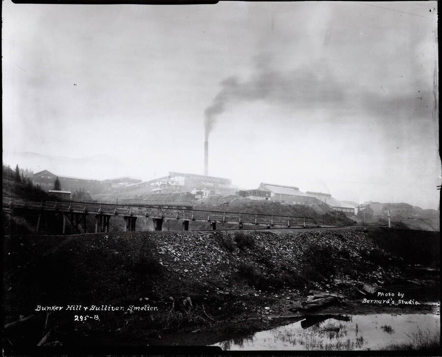 Far view of the town, including a bridge and chimney smoke