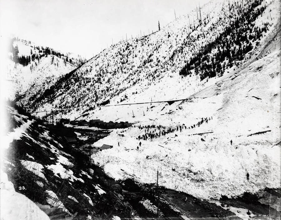 Image shows people gathered on the remains of a snow slide on March 29 in Black Bear, Idaho [1894].