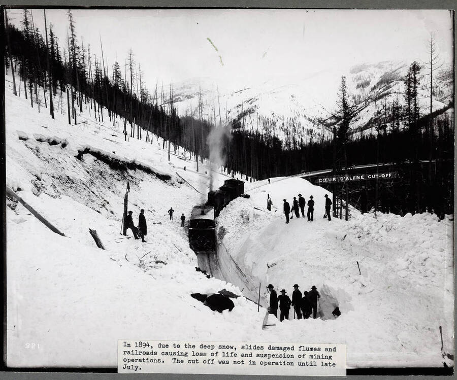 Caption on Front: In 1894, due to the deep snow, slides damaged flumes and railroads causing loss of life and suspension of mining operations. The cut off was not in operation until late July.