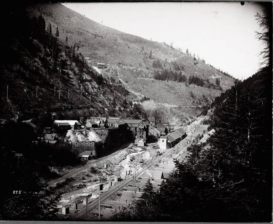 Distant image of the Standard Mine, showing assorted buildings, railroad tracks and Canyon Creek running in between.