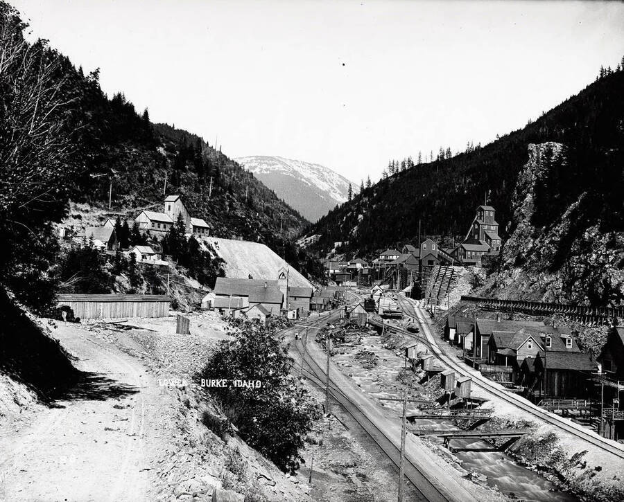 A view outside of lower Burke, Idaho [1910] showing Hecla Mine.