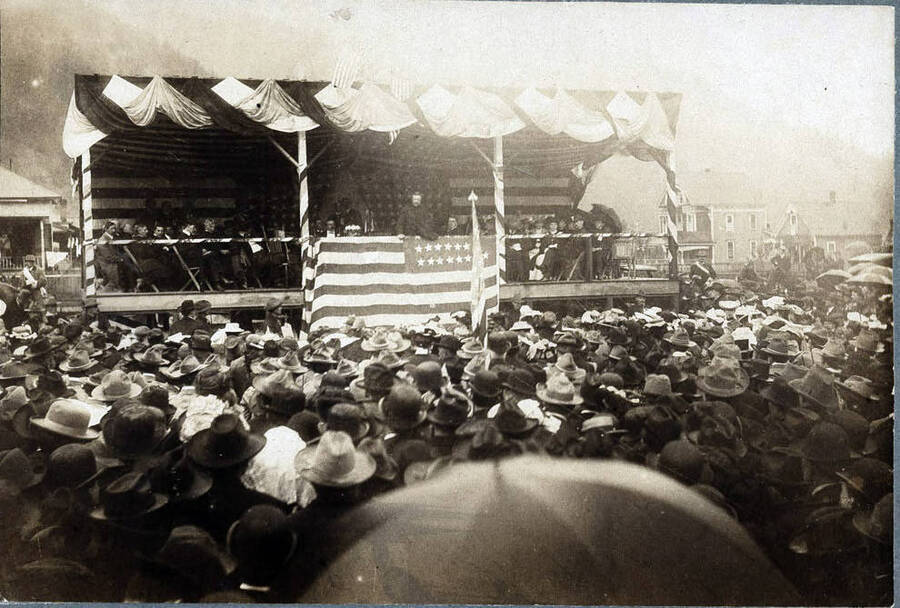 Roosevelt speaking from platform when visiting Wallace, Idaho