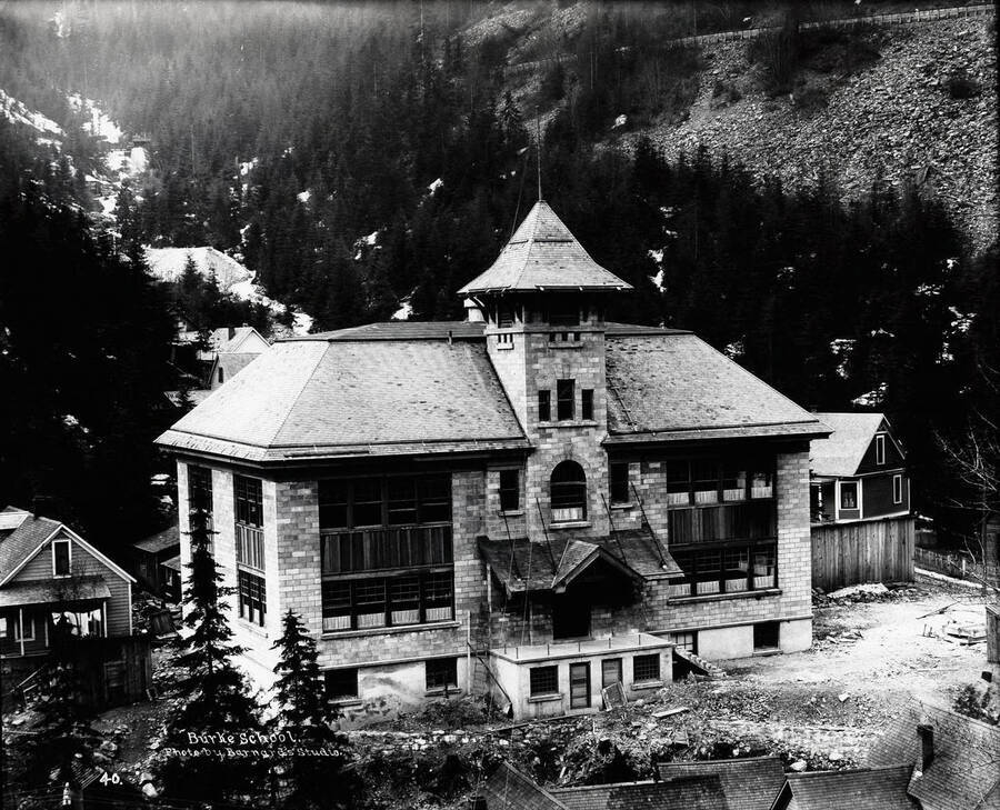 Image shows the Burke Public School building in  Burke, Idaho; Taken May 1907.