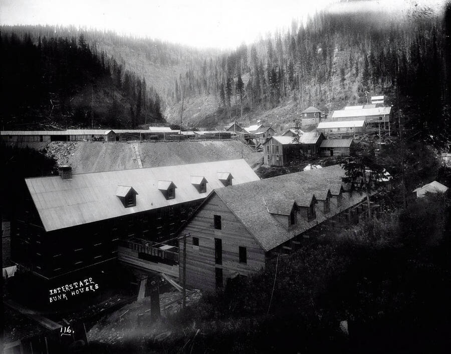Image of the bunkhouses at the Interstate Callahan Mill located northwest of Wallace, Idaho on Nine Mile Creek.