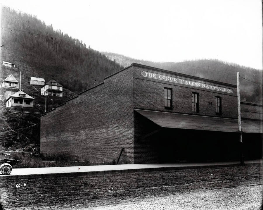 Exterior front view of the Coeur d'Alene Hardware Co., Warehouse in Wallace, Idaho.