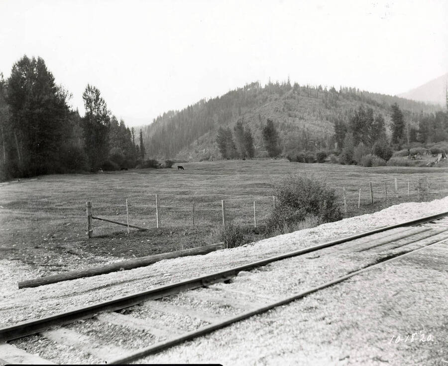 Images shows railroad tracks and farm field in the background. The image was taken at Linfor October 18, 1920 for T. Towles.