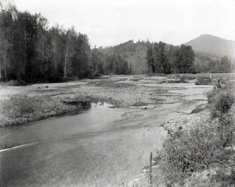 Image shows river and tree covered hills in the background. The image was taken at Linfor October 18, 1920 for T. Towles.