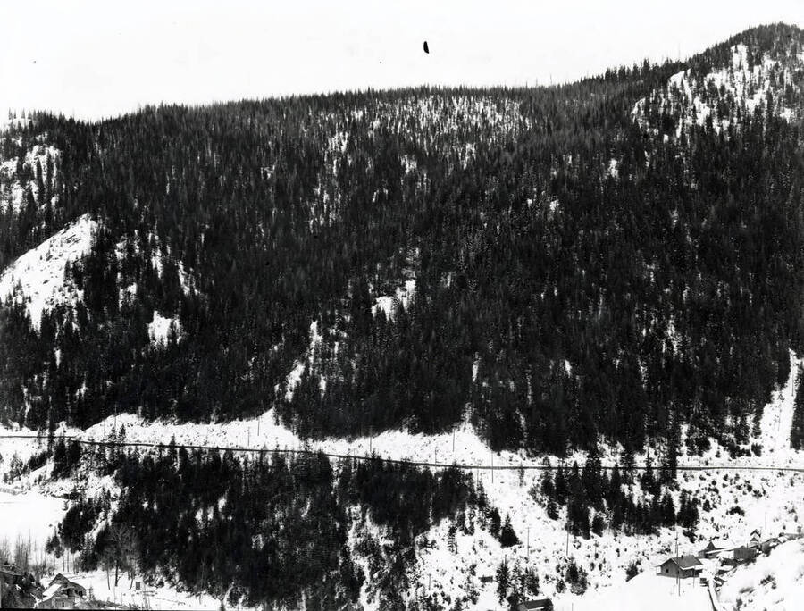 Image shows a flume along a snow covered mountain. A small mining town is at the bottom of the image.