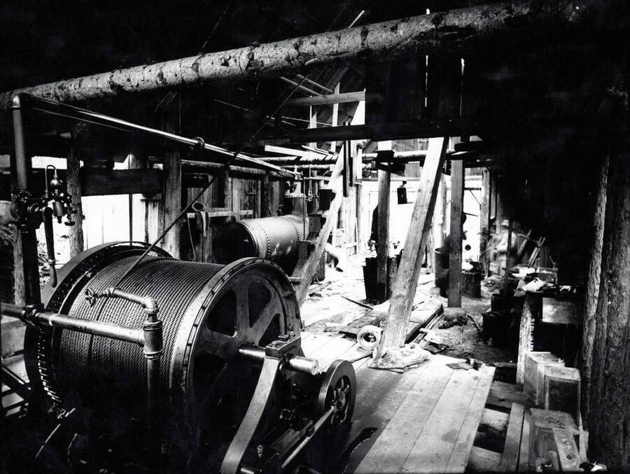 Showing interior of the mining equipment for the Tarbox Mining company in Saltese, Montana 1906.