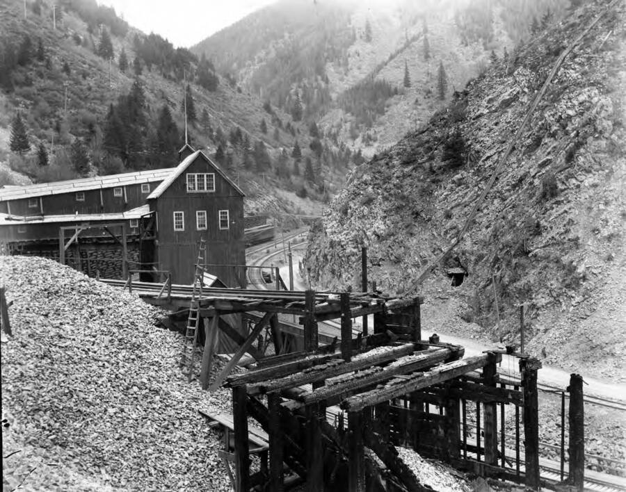 Image shows Mammoth and Standard Mine next to railroad tracks outside of Mace, Idaho 1920.
