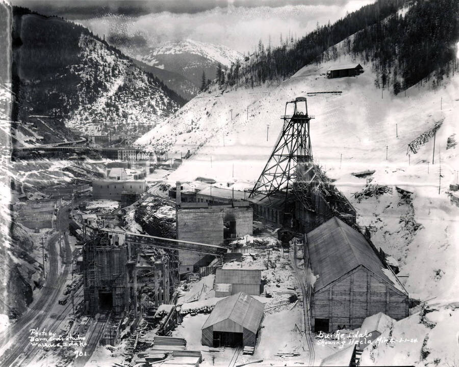 Winter scene of Hecla Mine in Burke, Idaho, 1924, still under construction, but operating.