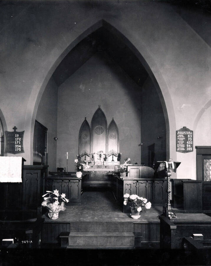Interior view of the alter  in Holy Trinity Episcopal Church, Wallace, Idaho, 1925.