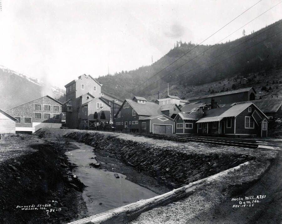 Image shows creek that runs through Hecla Mill in Gem, Idaho, November 19, 1925.