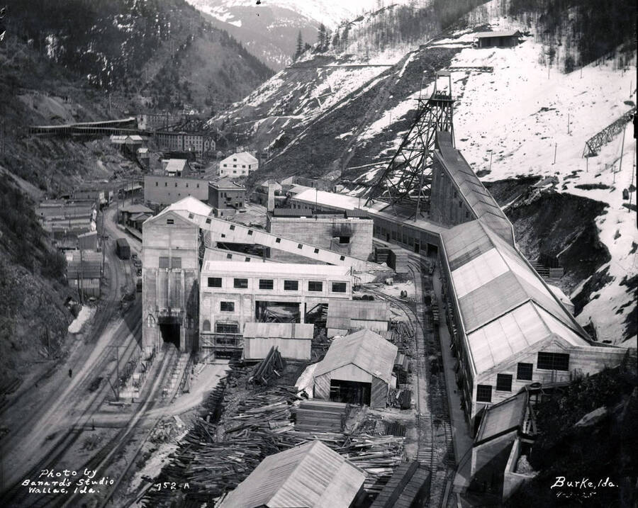 Image is a distant view of Hecla Mine in Burke, Idaho, April 3, 1925.