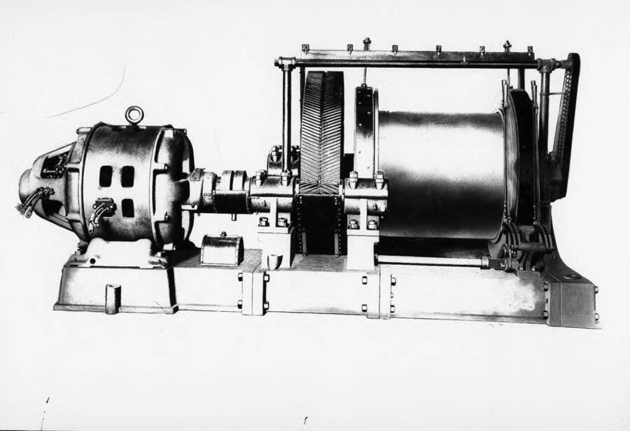 Image is a photograph taken of a conceptual drawing of a 150 Horse Power Hoist for the Coeur d'Alene Hardware and Foundry Company.