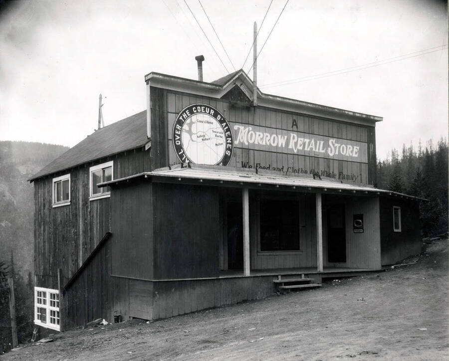 Exterior view of the Morrow Retail Store in an unknown location, Idaho, 1925.