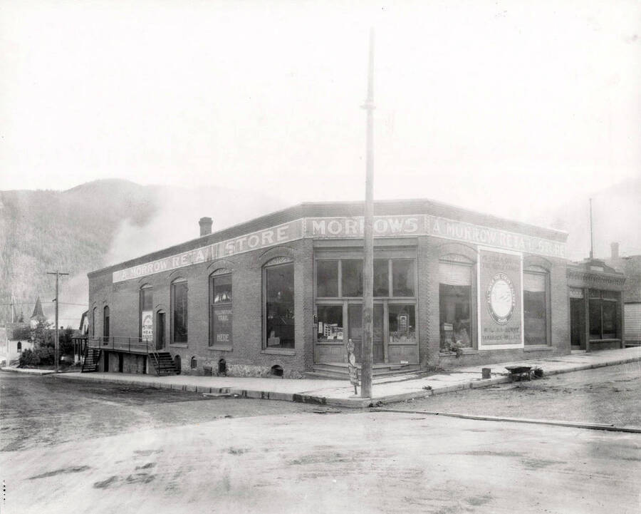 Exterior view of the Morrow Retail Store in Mullan, Idaho, 1925.