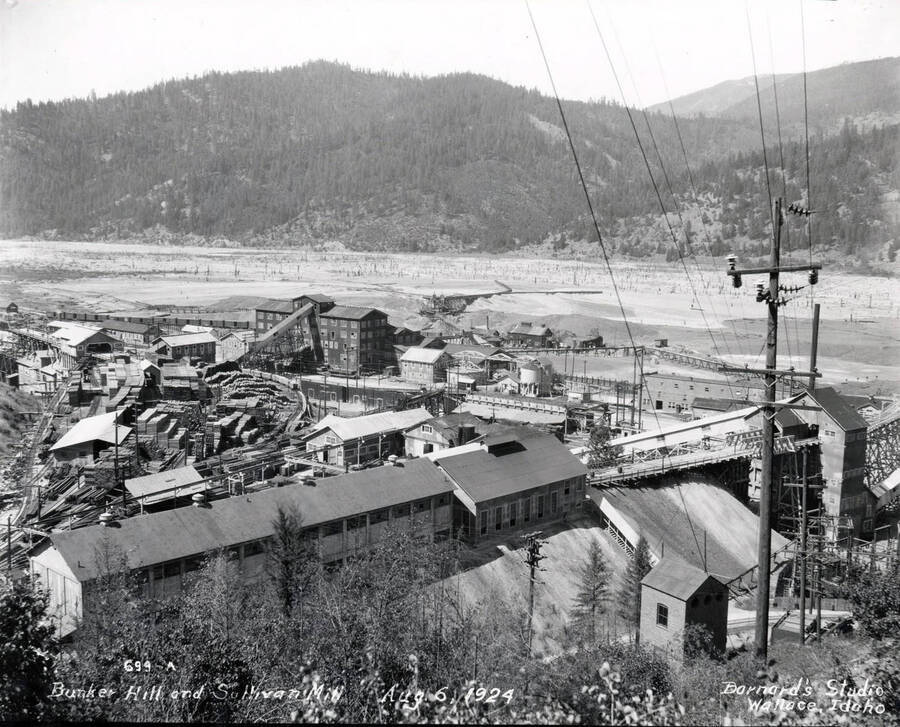 Bunker Hill and Sullivan Mill Aug. 6, 1924, a barren landscape from logging is in the background of image.