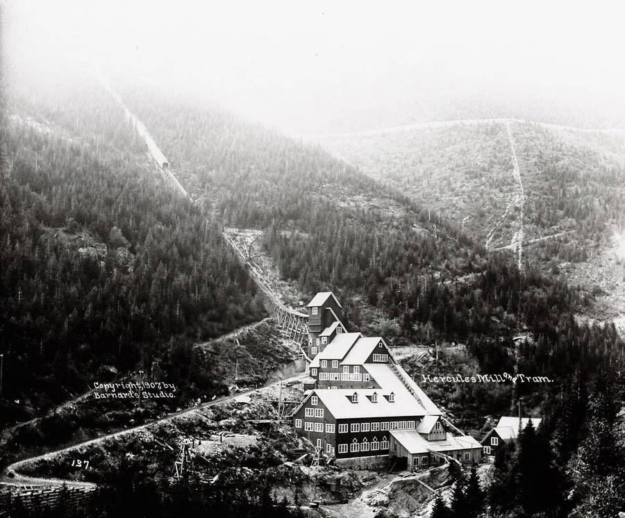 A distant view of Hercules Mill in Burke, Idaho. Various trams can be seen along hillside leading to other mill sites; Caption on front: "Hercules Mill and Tram."