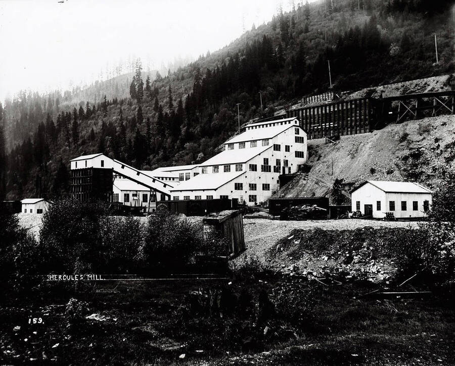 Image of the Hercules Concentrating Mill in Wallace, Idaho; Caption on front "Hercules Mill"