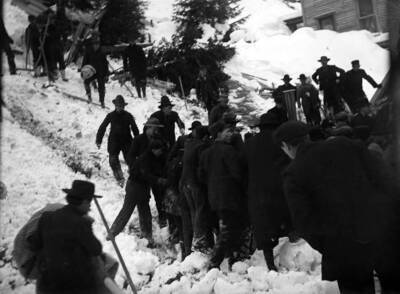Snow slide. Men digging out after slide of Feb. 28