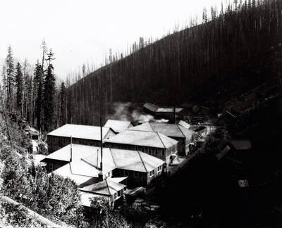 Looking down at the Morning Mine, boarding house and other associated buildings.