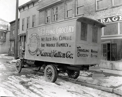 Image shows the Morrow-Hutton Company traveling grocery truck, March 17, 1920.