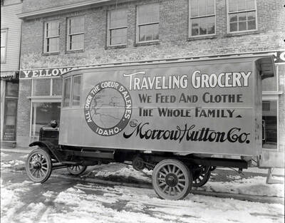 Image shows the Morrow-Hutton Company traveling grocery truck, March 17, 1920.