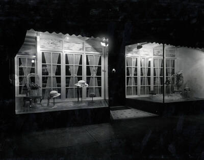 Ladies hat window display at The Model Shop in Wallace, Idaho.