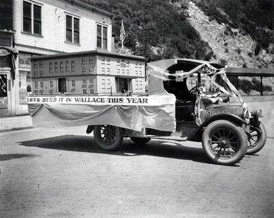 Tamarack Float of future Elks Temple for the Elks Roundup June 22, 1922, parade in Wallace, Idaho, 1922.