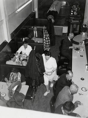 Looking down on people eating at the booths and counter at the Silvio Cafe in Wallace, Idaho.