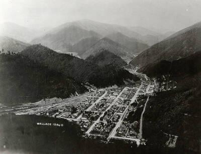 Bird's-eye view of Wallace, Idaho when looking east.