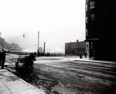 Image of Wallace, Idaho after the fire of August 20, 1910, shows the corner of Samuel's Hotel on August 22, 1910.