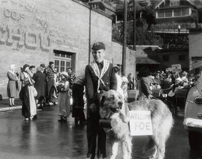 A boy and his dog dressed up for the Eagles parade in Wallace, Idaho.