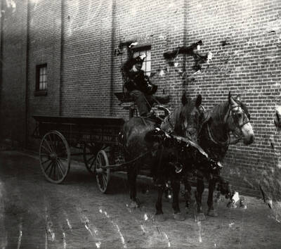 Horse-drawn beer wagon with the Sunset Brewing Company name on the side of it in Wallace, Idaho.
