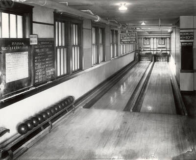 Two bowling lanes inside Wallace High School in Wallace, Idaho.