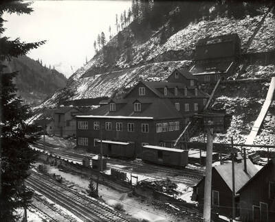 View of the buildings and railroads that are part of the Stewart Mine in Wallace, Idaho.