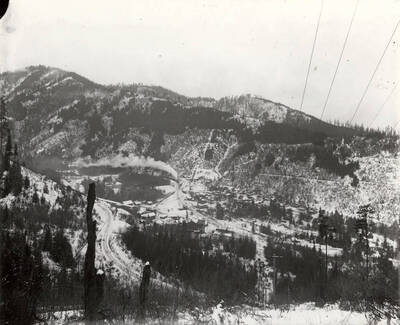 Distant view of the Stewart Mine in Wallace, Idaho.