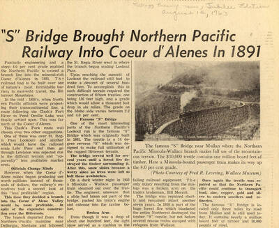 Article in the Kellogg Evening news about the S bridge. The article is titled "S' Bridge Brought Northern Pacific Railway into Coeur d'Alenes In 1891."