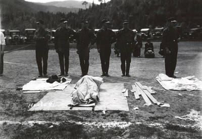 The members of Hecla #1 team standing together at the first aid contest in Mullan, Idaho.
