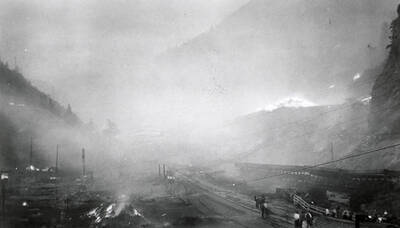 View of the railroad tracks during the fire in Burke, Idaho.