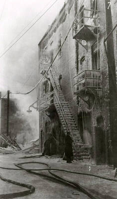 View of the fire at the Ryan Hotel on Cedar Street in Wallace, Idaho.