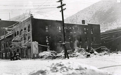 The aftermath of the fire at the Ryan Hotel on Cedar Street in Wallace, Idaho.