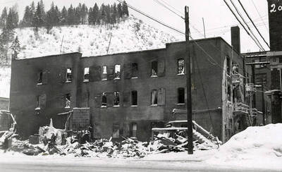 The aftermath of the fire at the Ryan Hotel on Cedar Street in Wallace, Idaho.