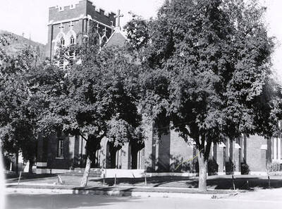 View of St. Alphonsus Catholic Church, with trees in front of it, in Wallace, Idaho.